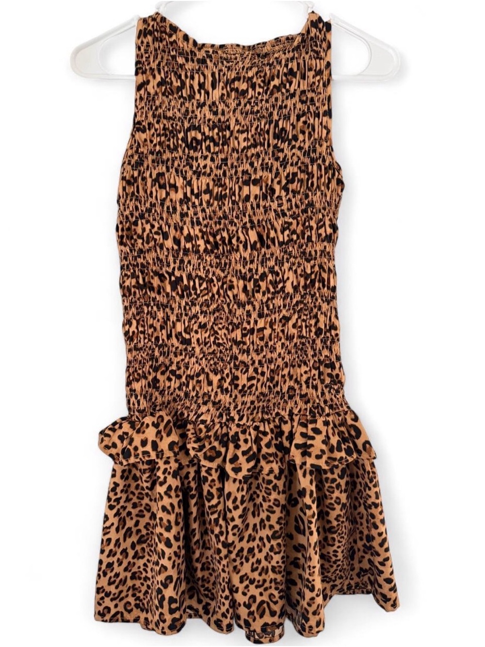 Tan and Black Leopard Smocked Dress